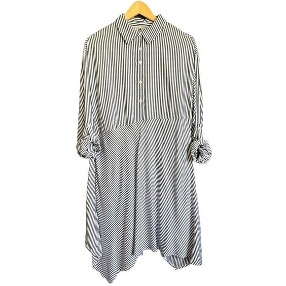 Lagenlook Cupio Asymmetrical Hem Navy Striped Cuff Sleeve Tunic Top - Picture 3 of 14